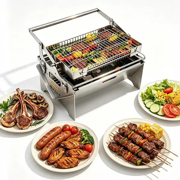 360° Manual Rotatable Flip BBQ Grill, Foldable Stainless Steel Portable Outdoor Grill