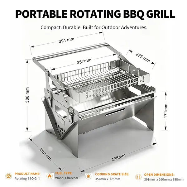 360° Manual Rotatable Flip BBQ Grill, Foldable Stainless Steel Portable Outdoor Grill