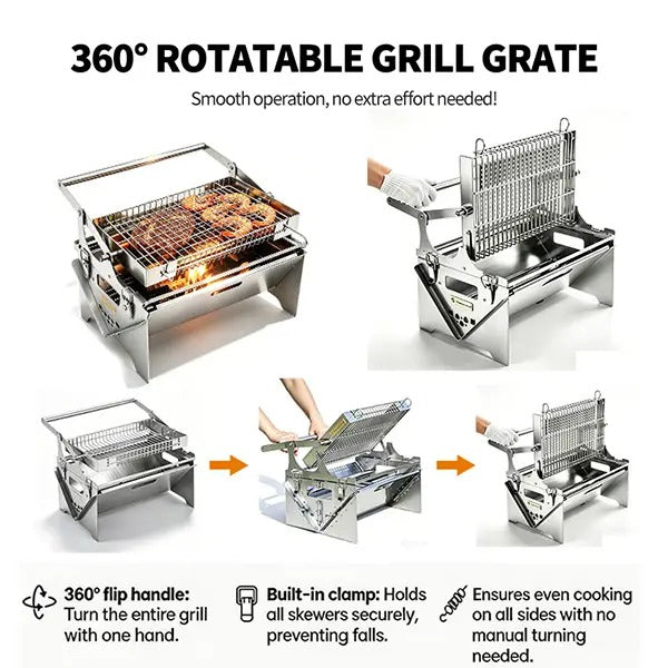 360° Manual Rotatable Flip BBQ Grill, Foldable Stainless Steel Portable Outdoor Grill
