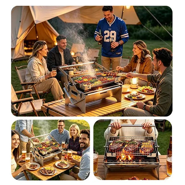 360° Manual Rotatable Flip BBQ Grill, Foldable Stainless Steel Portable Outdoor Grill